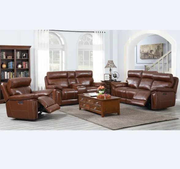 High quality Luxury full leather living room sofa set furniture 3 2 1 power recliner sofa set design