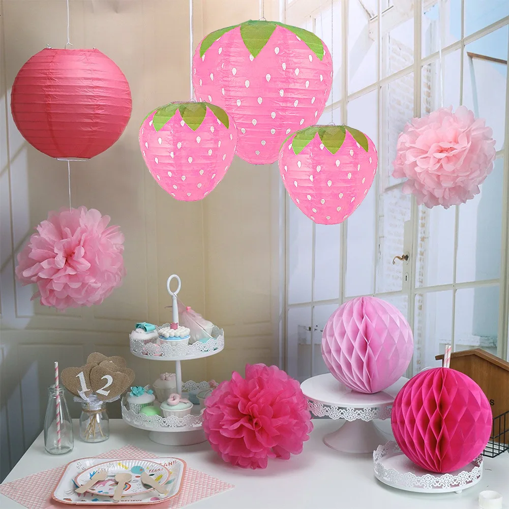 3d strawberry-shaped paper lantern spring strawberry theme party decor children day special-shaped paper lantern baby shower