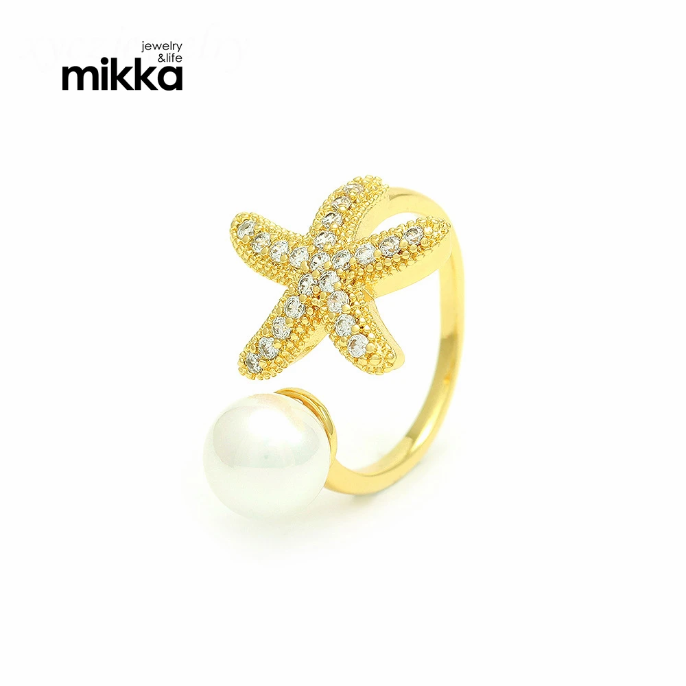 Vintage Stainless Steel Gold Women Cuff Sun Opening Ring With Sea Star Zircons Pearl Ring
