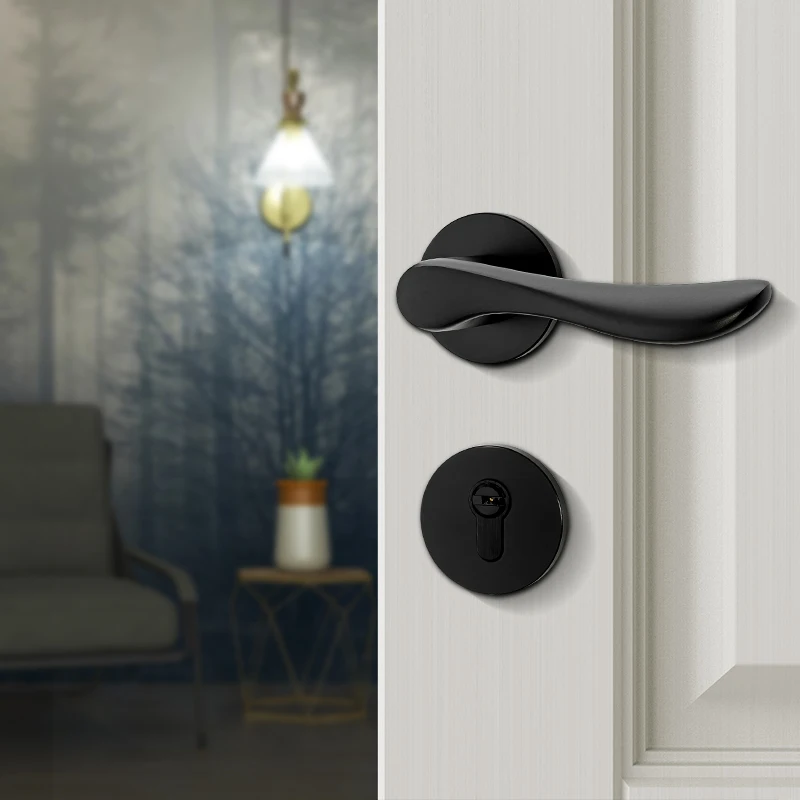 Алюминиевые аксессуары набор ручек для двери современный простой дизайн Черная дверная ручка с замком межкомнатные двери