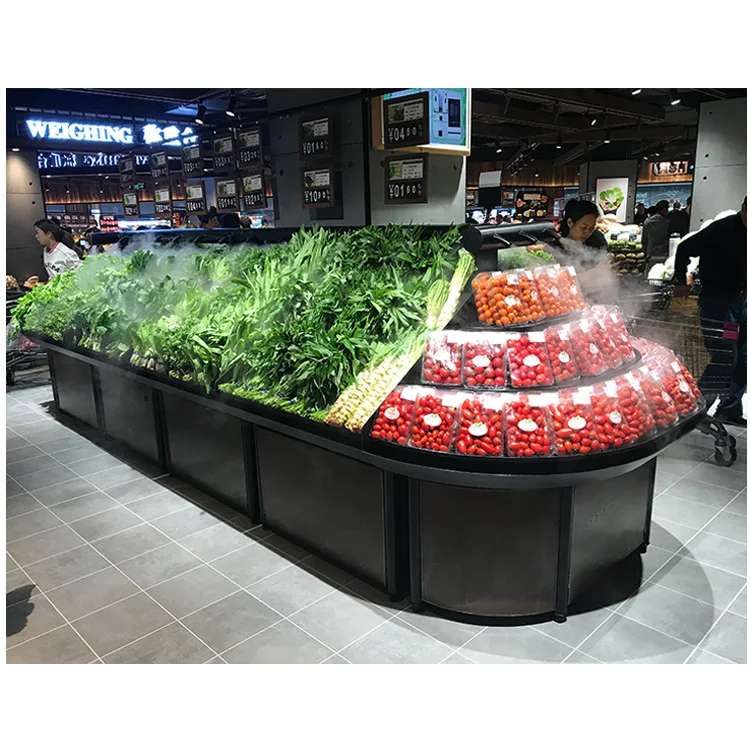Customized stainless steel supermarket vegetable and fruit steam humidifier leaf display rack shelf