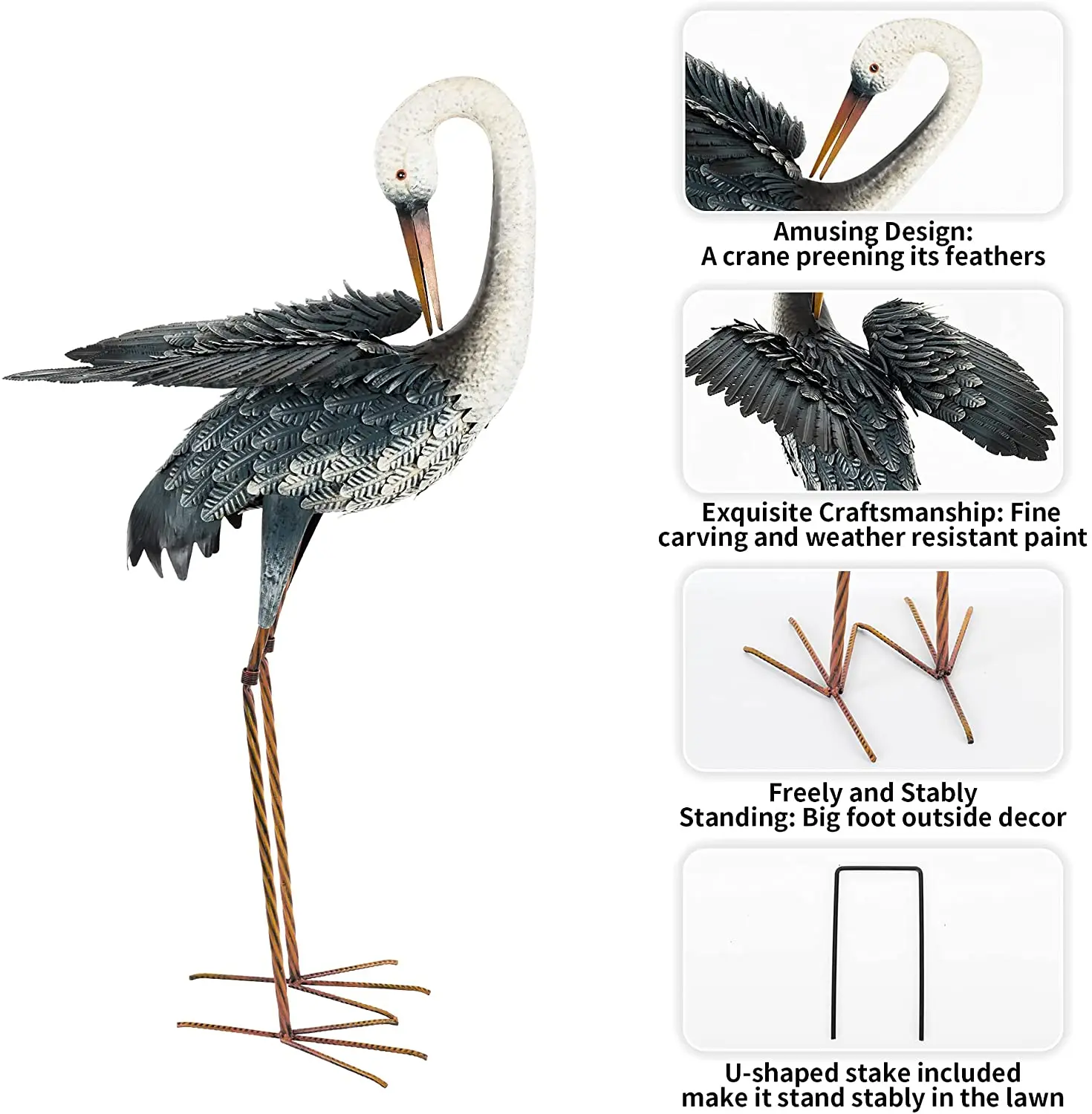 Metal Decor for Outside Standing Cranes Decor Metal Bird Art Lawn Ornaments Large Heron Decoy for Yard Garden Animal