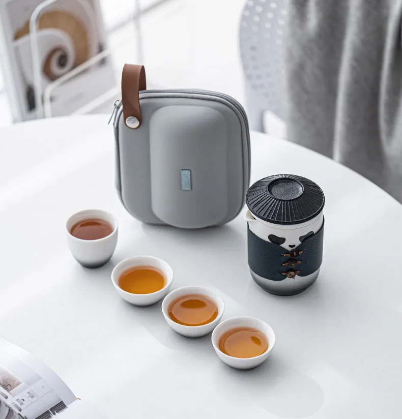 Wedding Gift Porcelain Kungfu Tea Set Travel Panda Ceramic Teapot and Tea Cup Set with Portable Bag