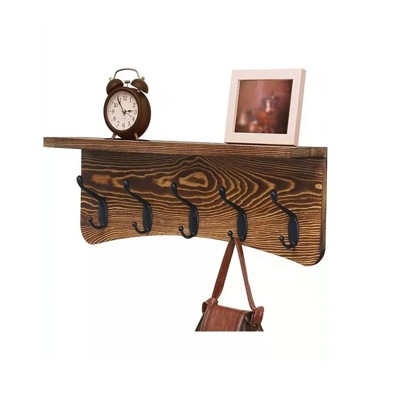 Vintage Wood Wall Shelf with Hooks for Entryway Wall Coat Rack for Hanging Coat Jacket Backpack Wall Mounted with Upper Shelf
