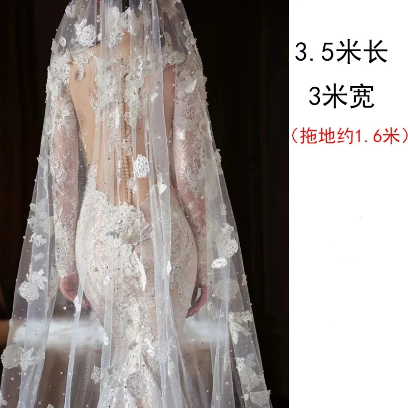 Veil bride main wedding dress Pearl headdress Vintage flower Champagne color long tail wedding