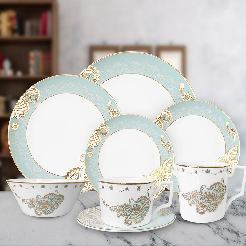 Bone China Dinnerware Sets Luxury Mint Green Flower Design Round Ceramic Tableware Set Porcelain Charger Plates