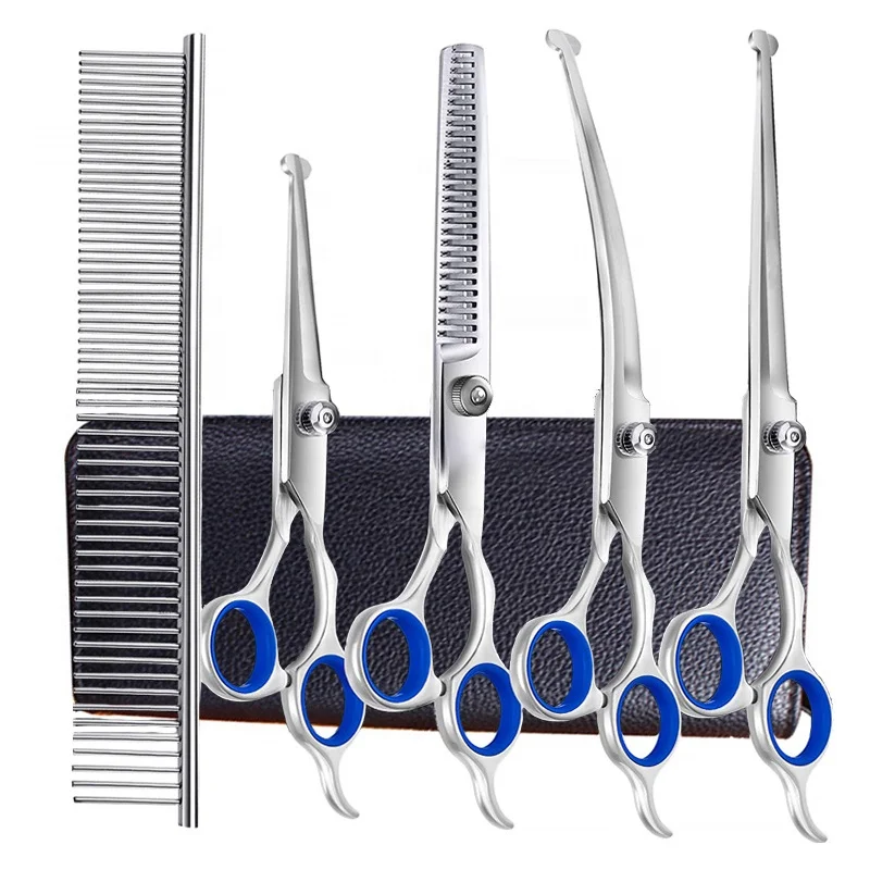 Stainless Steel Thinning Hair Curved Pet Scissors Set Curved Professional Pet Grooming Scissors Kit For Dog Cat