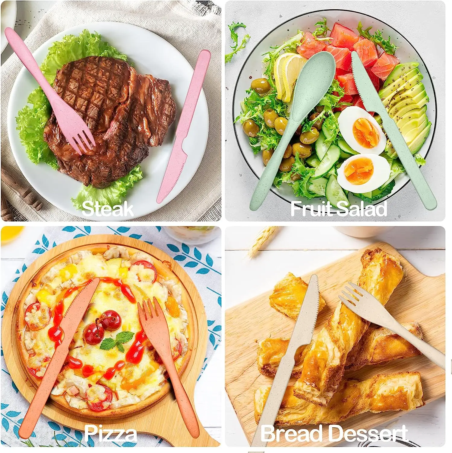 GEMEI Eco Friendly Wheat Straw Cutlery Set Knives Fork and Spoon Lightweight Flatware Sets for Traveling Camping