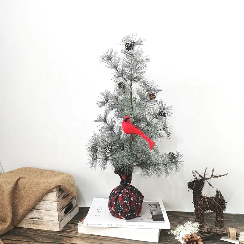 Christmas gifts mini glitter pine needle Christmas trees with red feather bird Christmas tree