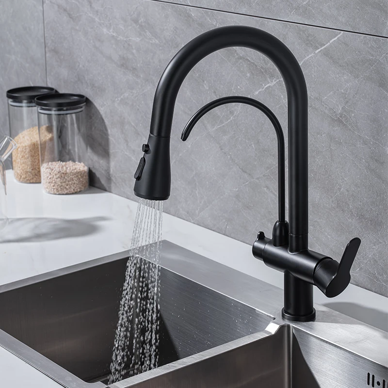 
New Design 3 in 1 Sink Cold and Hot High Arc Pull Down Mixer Tap with Drinking Tap Filter Stainless Steel Kitchen Faucet 