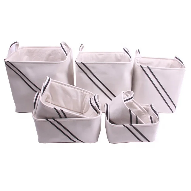 Custom Large Rectangle Cotton Canvas Fabric Foldable Storage Basket with Handles set of 7