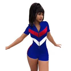 MD- Summer Women Patchwork Cloth Lady Fashion V Neck Jumpsuit Playsuit Elegant One Piece Jumpsuit Sexy Plus Size Sport Jumpsuit