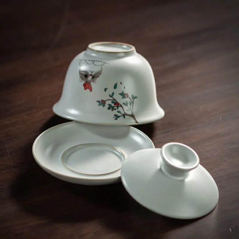 190ml 6.5oz Handmade ceramic cup with lid and Plate Chinese style cat Chawan White porcelain tea cup and saucers