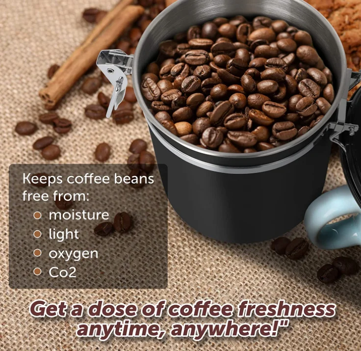 Stainless Steel Airtight Coffee Canister with Built-in CO2 Valve and Scoop and Date Tracking Wheel Gun Metal Color