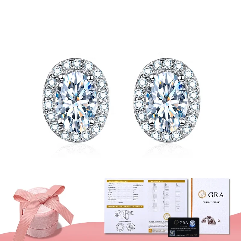 Gra  0.5 1 ct Oval cut Moissanite Diamond Stud halo Earrings for Women 925 Sterling Silver Wedding Gift High Quality jewelry