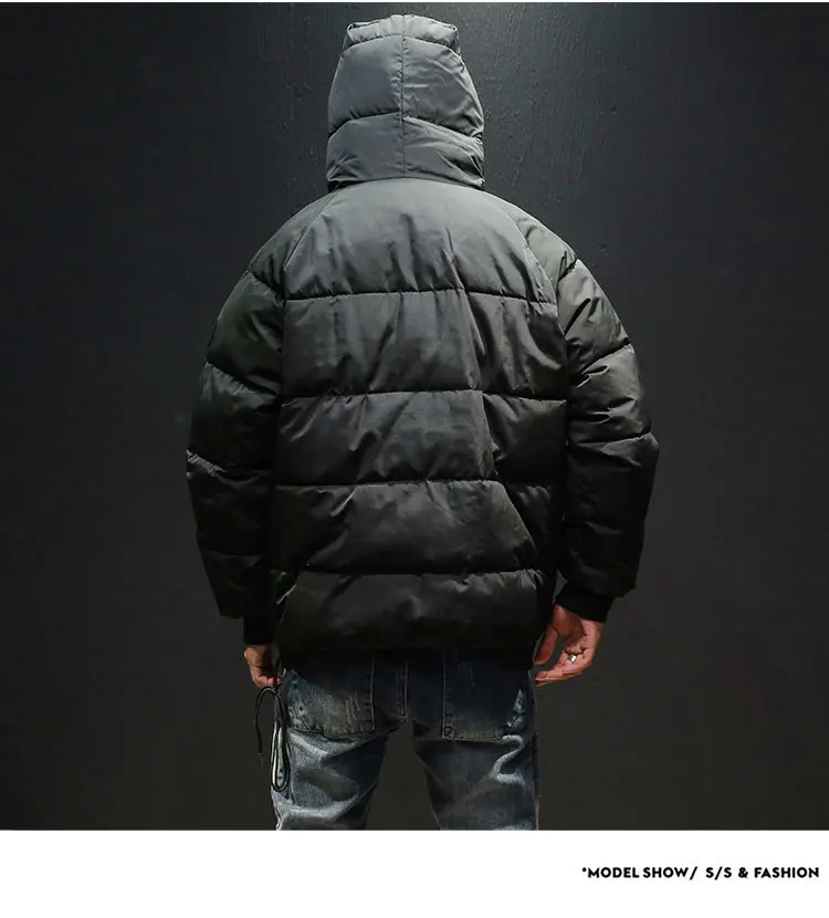 
Hot Winter Thick Loose Waterproof Sidekick Nylon Plain Black Kangaroo Pocket Windbreaker Pullover Puffer Jacket Down Hooded Men 