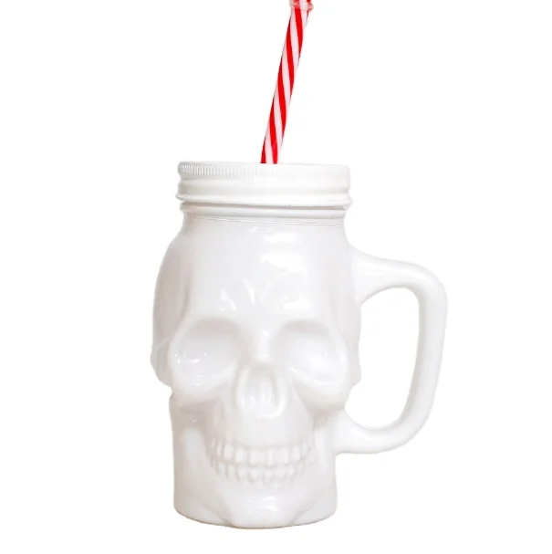 Wide Mouth Colored Skull Shape 500 ml Glass Mason Jar Mug With Handle Lid Straw