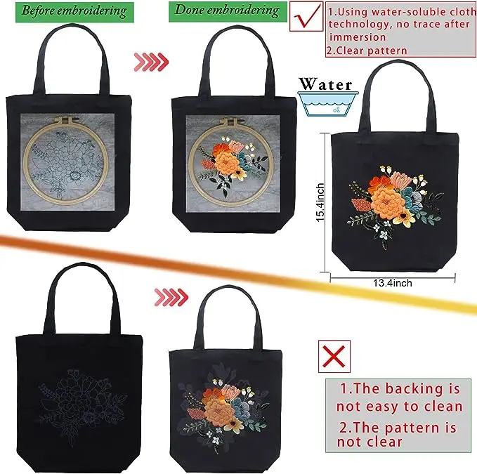 DIY Embroidery Kit for Adults Black Canvas Tote Bag,Cross Stitch Kit Include Embroidery Bag,Instructions,Embroidery Hoops,Color