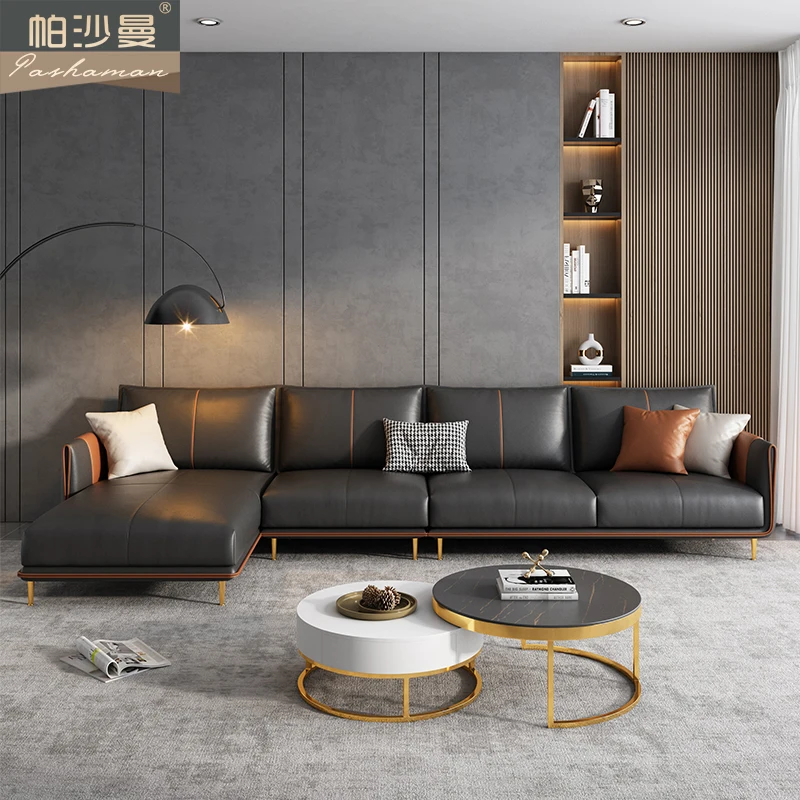Современный комплект мебели для дивана, Роскошный топ из воловьей кожи в скандинавском стиле для гостиной, Современный итальянский кожаный диван l-образной формы