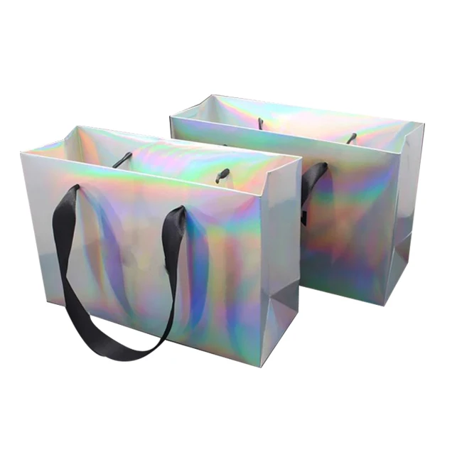 Customization Recyclable Creative Retail Store Thank You Bags Recycle Shopping Laser Holographic Tote Paper Bag