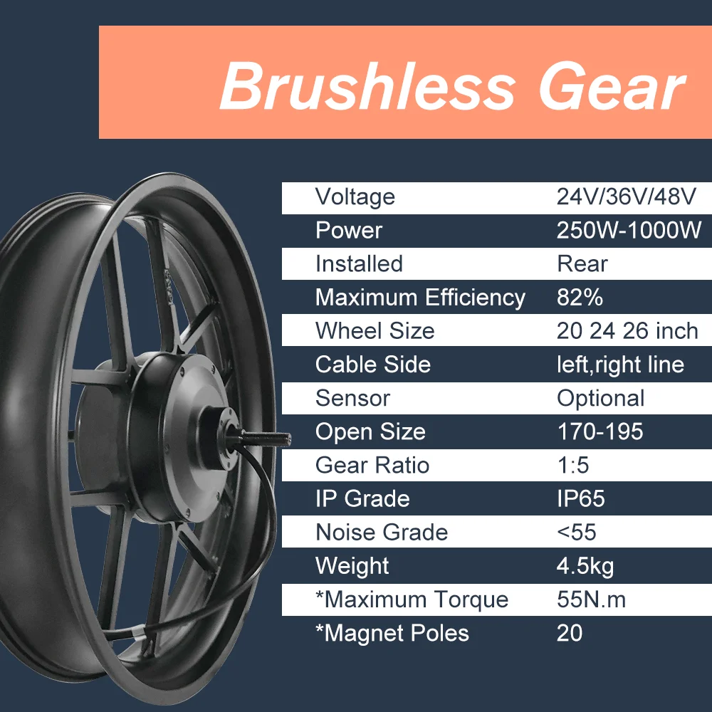 Factory New Arrival Electric Bike Gear Rear Wheel Motor 20inch  48V 250w 1000w Waterproof Brushless Dc Motor