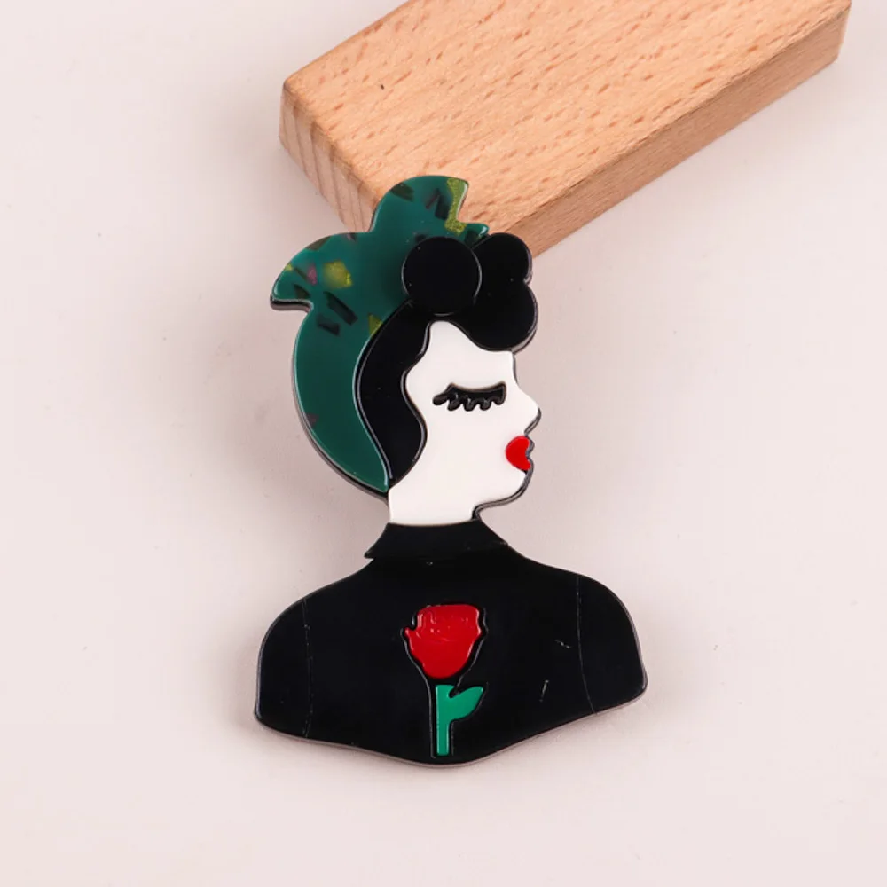 Vintage Acetate Pin Elegant Woman wearing Hijab Rose Sweater Corsage Acrylic Figure Brooch for Women Daily Life