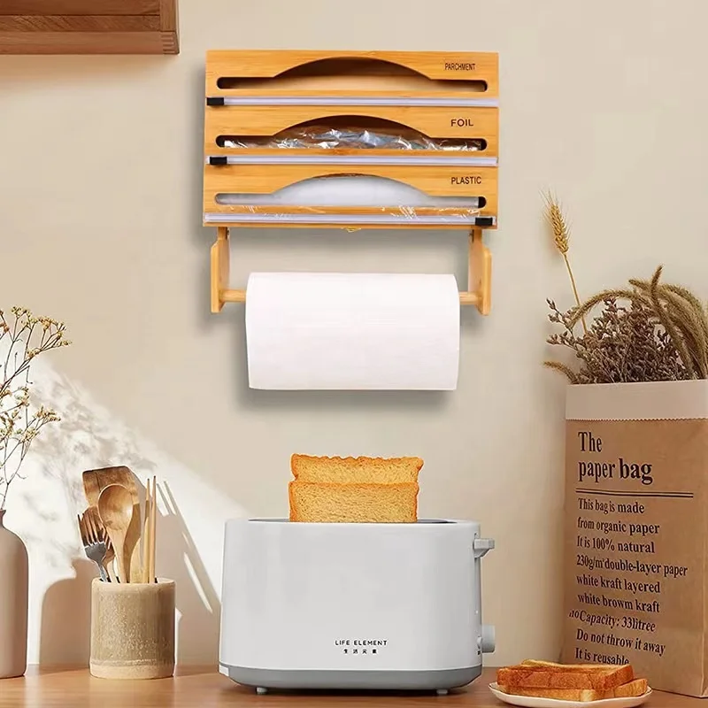 MF-L348Bamboo Wood Roll Organizer Holder Wax Paper Aluminum Foil And Plastic Wrap Dispenser With Slide Cutter