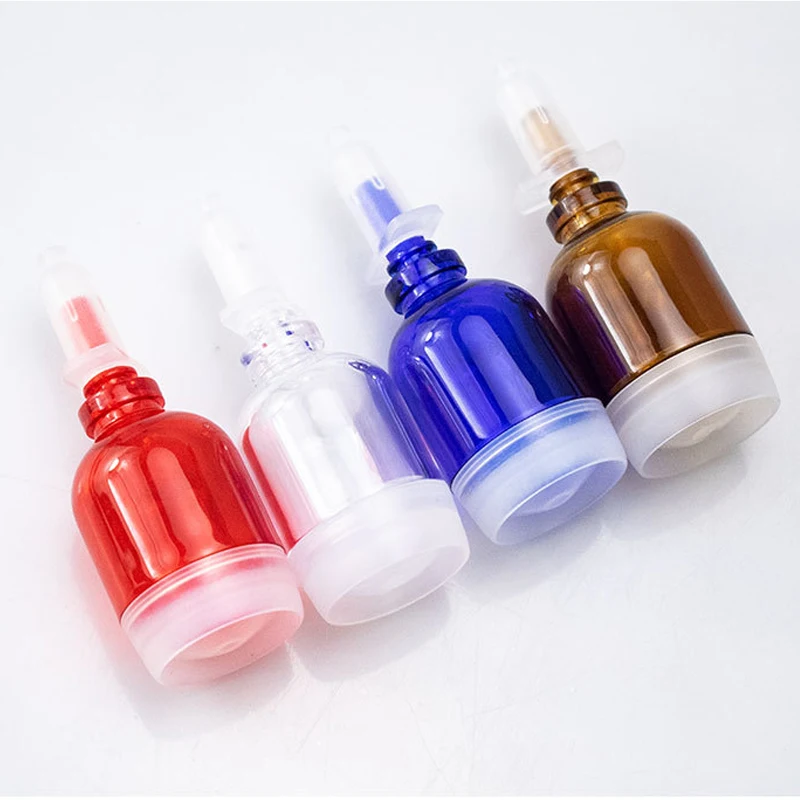 wholesale customize  5ml 10ml 15ml white red blue brown glass with rubber press pump and outer cover for skincare cosmetic