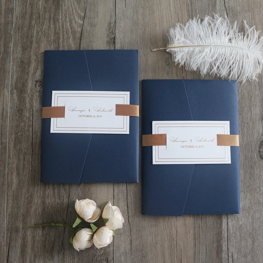 Navy Blue Pocket Folder Wedding Invitation Pocketfolder Envelope Inside with Acrylic Wedding Card And Small Cards