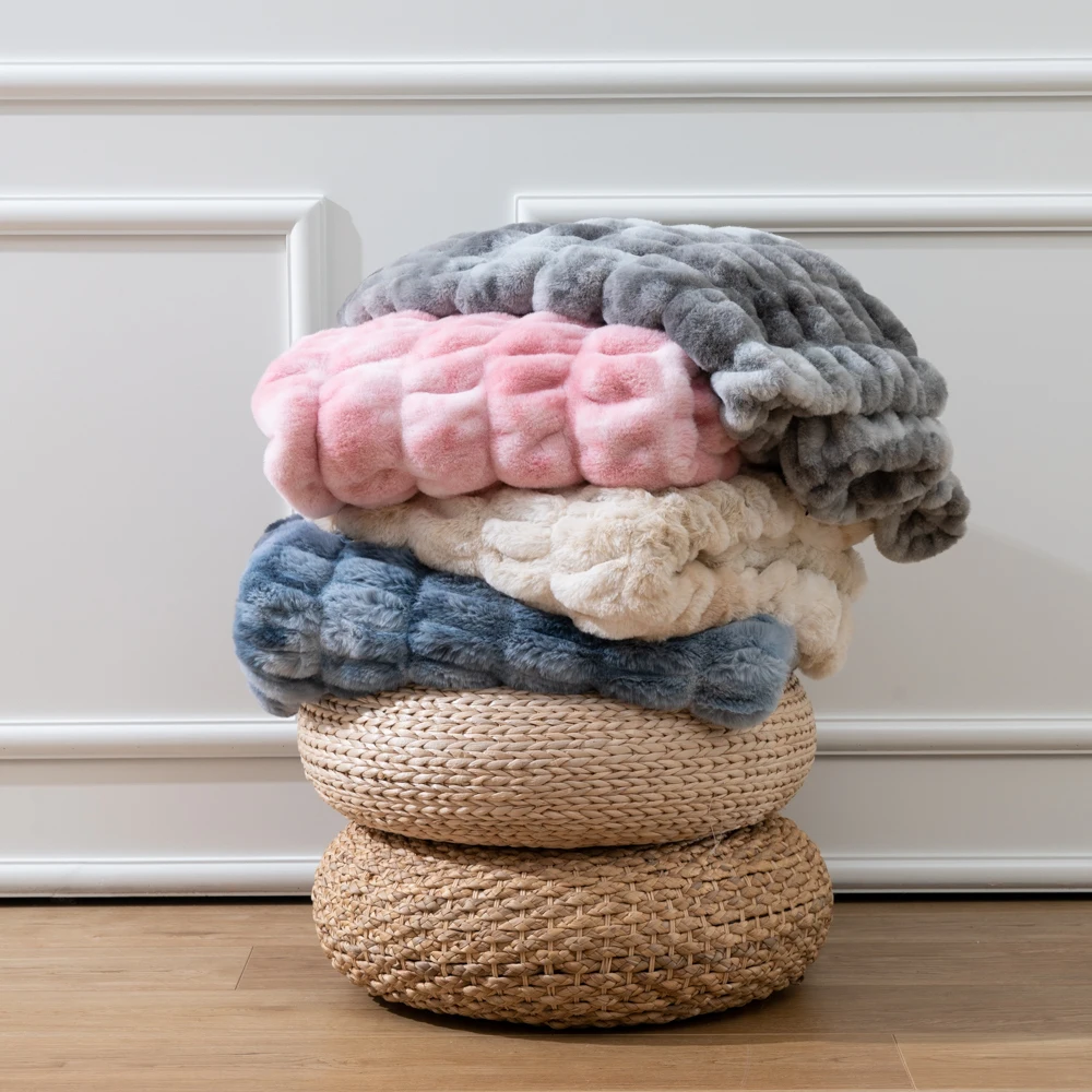 High Quality Warm Elastic Spandex Tie Dye Rabbit Mink Blanket Luxury Winter Throw Blanket Ruched Faux Fur Winter Mink Blankets