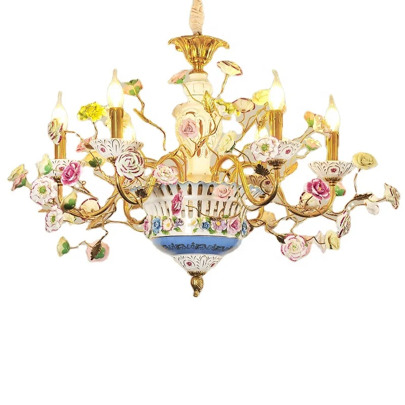 MEEROSEE Colorful Porcelain Flower Lamp Rococo Style Pendant Copper Chandelier Decor Lighting For Party And Wedding TD-1012