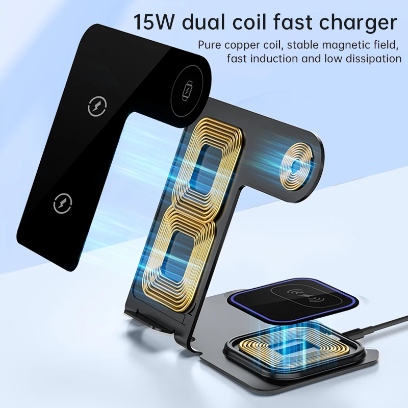 High quality whole Alloy 3 in 1 wireless  charger  desktop 15W fast wireless charging stand