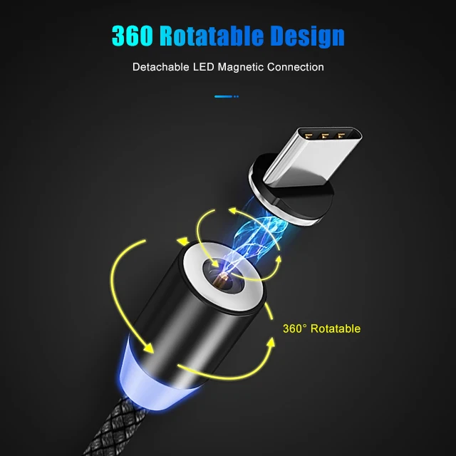 
360 degree rotatable braided 3 in 1 magnetic charging usb cable with LED light 