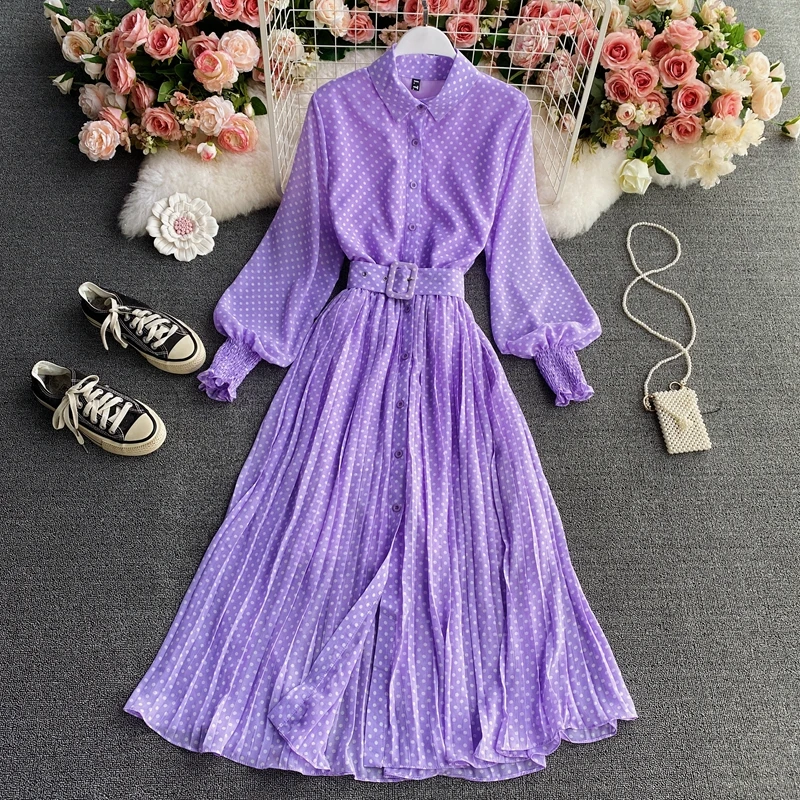Polka Dot Blouse Collar Long Sleeve Dress 2021 Spring and Autumn New Elegant Chiffon Dress Waist-Controlled Pleated Long Dress