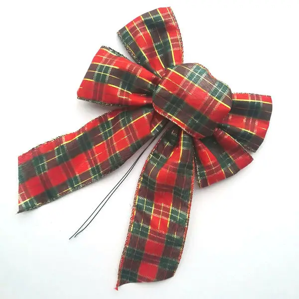 Christmas Holiday Party Birthday Wedding Tree Decorative Polyester Gold Wired Edge Red Green Plaid Gift Ribbon Bow