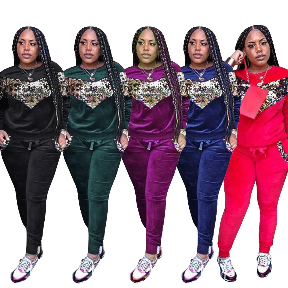 MT46-278 оптовая продажа, блестящий чистый Велюровый костюм из 2 предметов, зимний спортивный костюм для бега, простой женский спортивный костюм