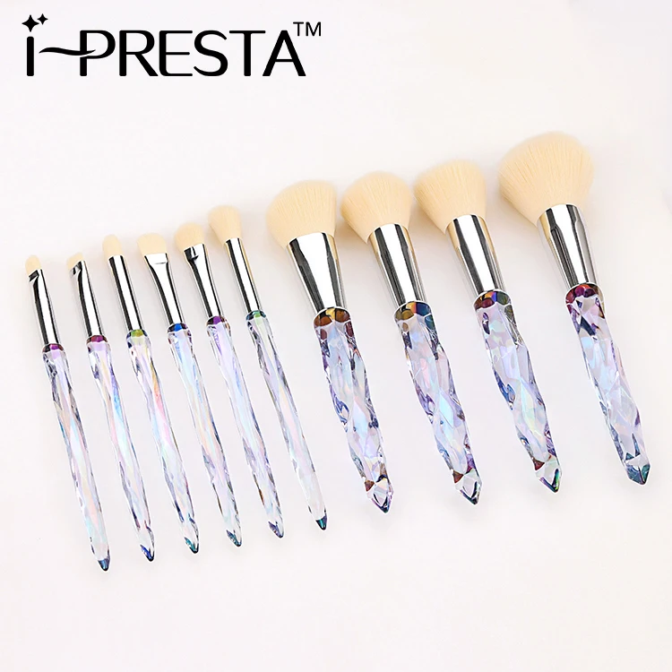 IPRESTA Private label 10pcs Diamond Crystal Makeup Brushes Transparent Crystal Handle Makeup Brush Set