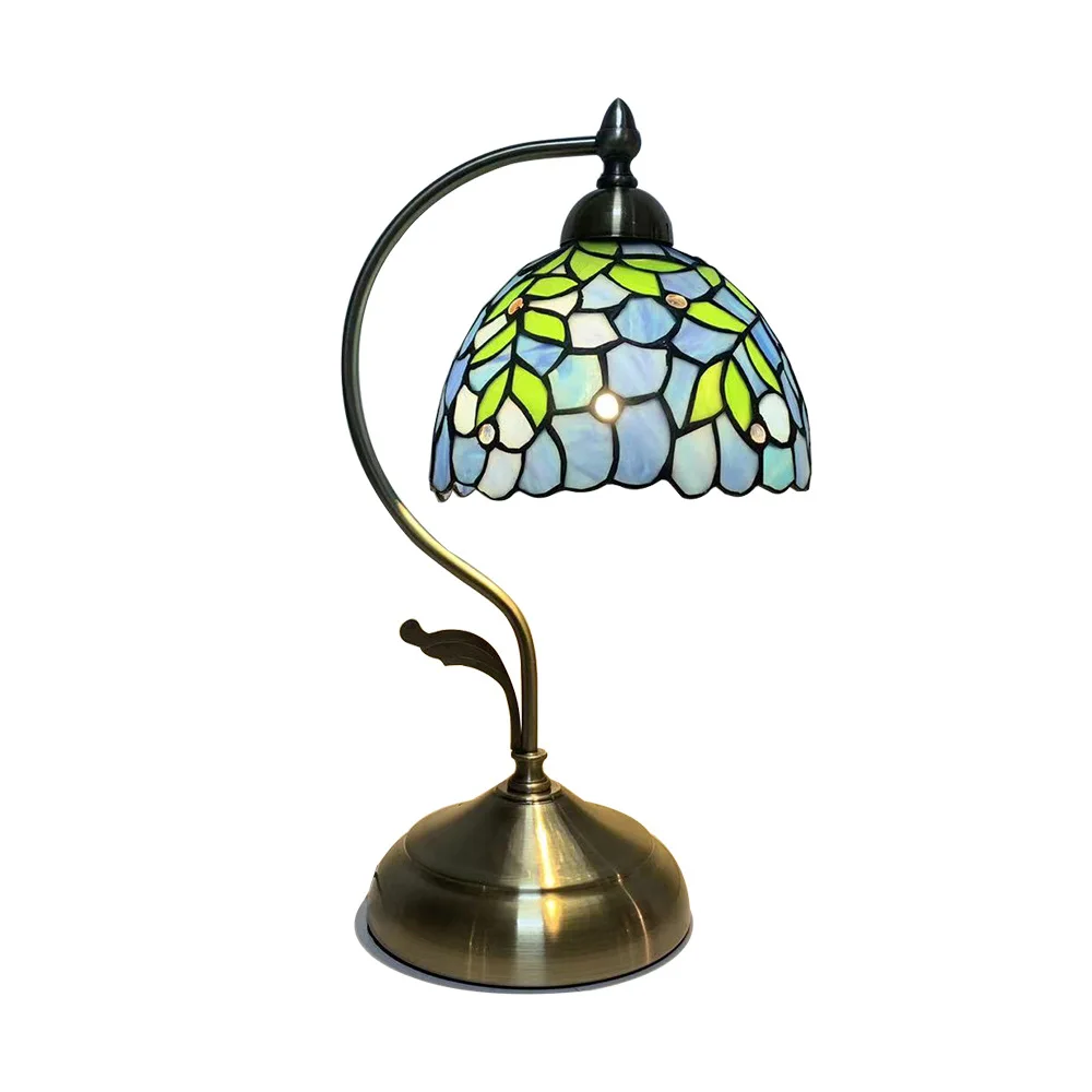 Modern Wrought Iron Desk and Bedside Lamp with Tiffany Lampshade for Home or Room Lighting