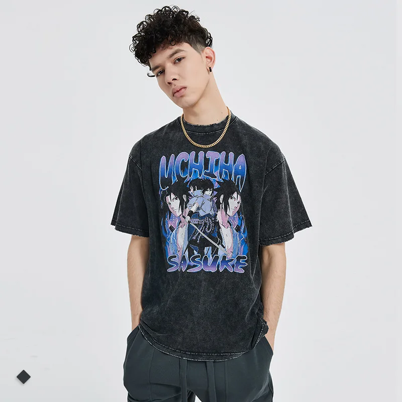 Harajuku Japan Style acid wash gray loose male graphic t-shirt anime game print pure cotton male short sleeves