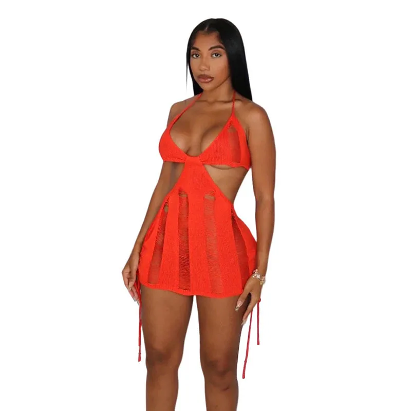 Knitted Summer Hollow Out Halter Bodycon Mini Dress Sleeveless Orange Knit Dress Backless Knitted Dresses Wholesale