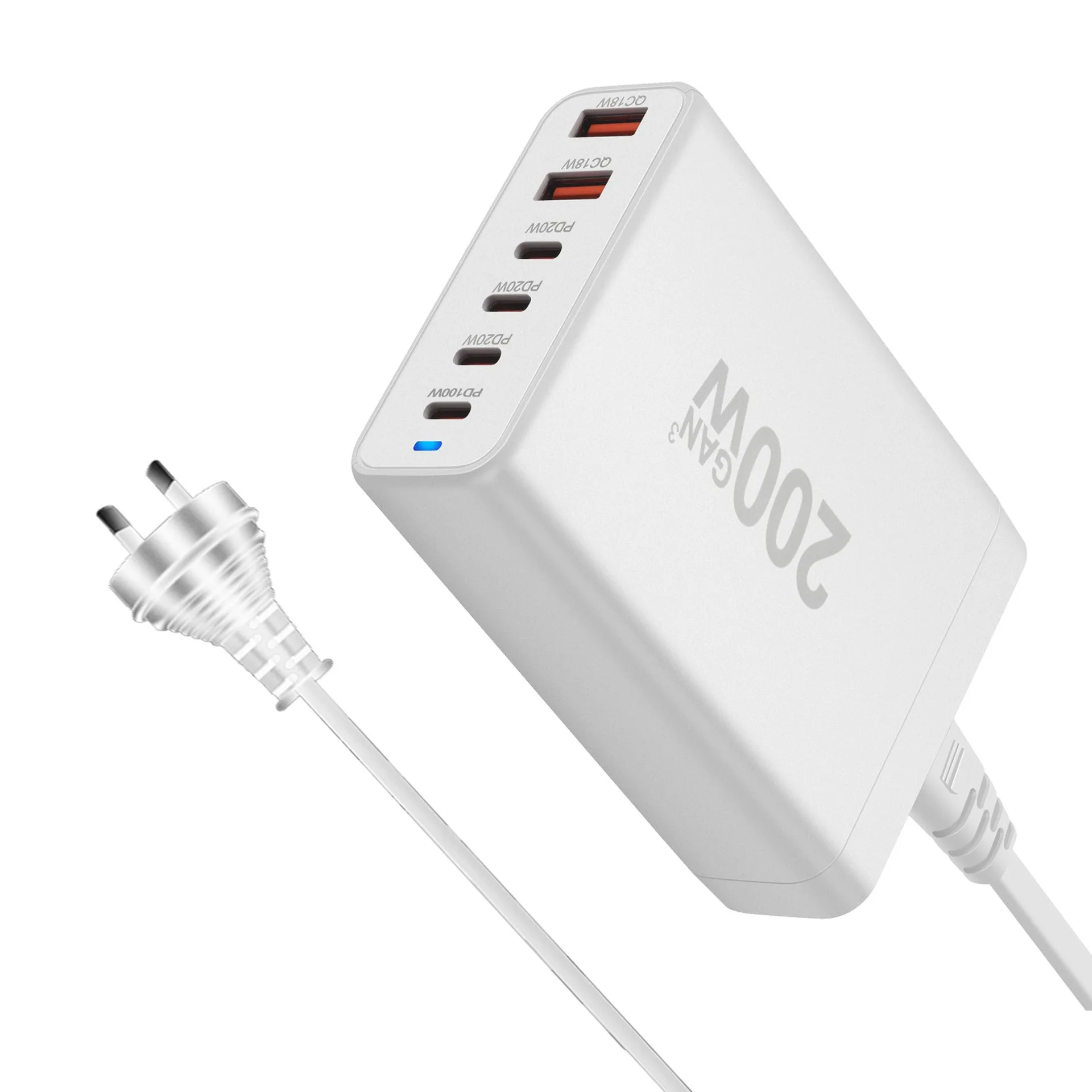 wonplug Portable World travel charger 6USB wall charger adapter GaN USB C Charger 200W Type C 4C2A 6-Port Fast Charging Station