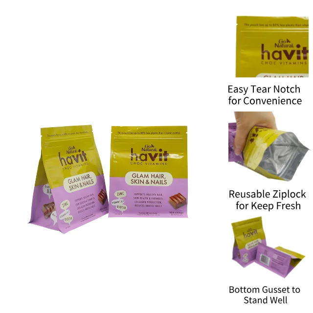 Custom printed reusable chocolate gummy packaging plastic aluominum foil flat box bottom ziplock bags