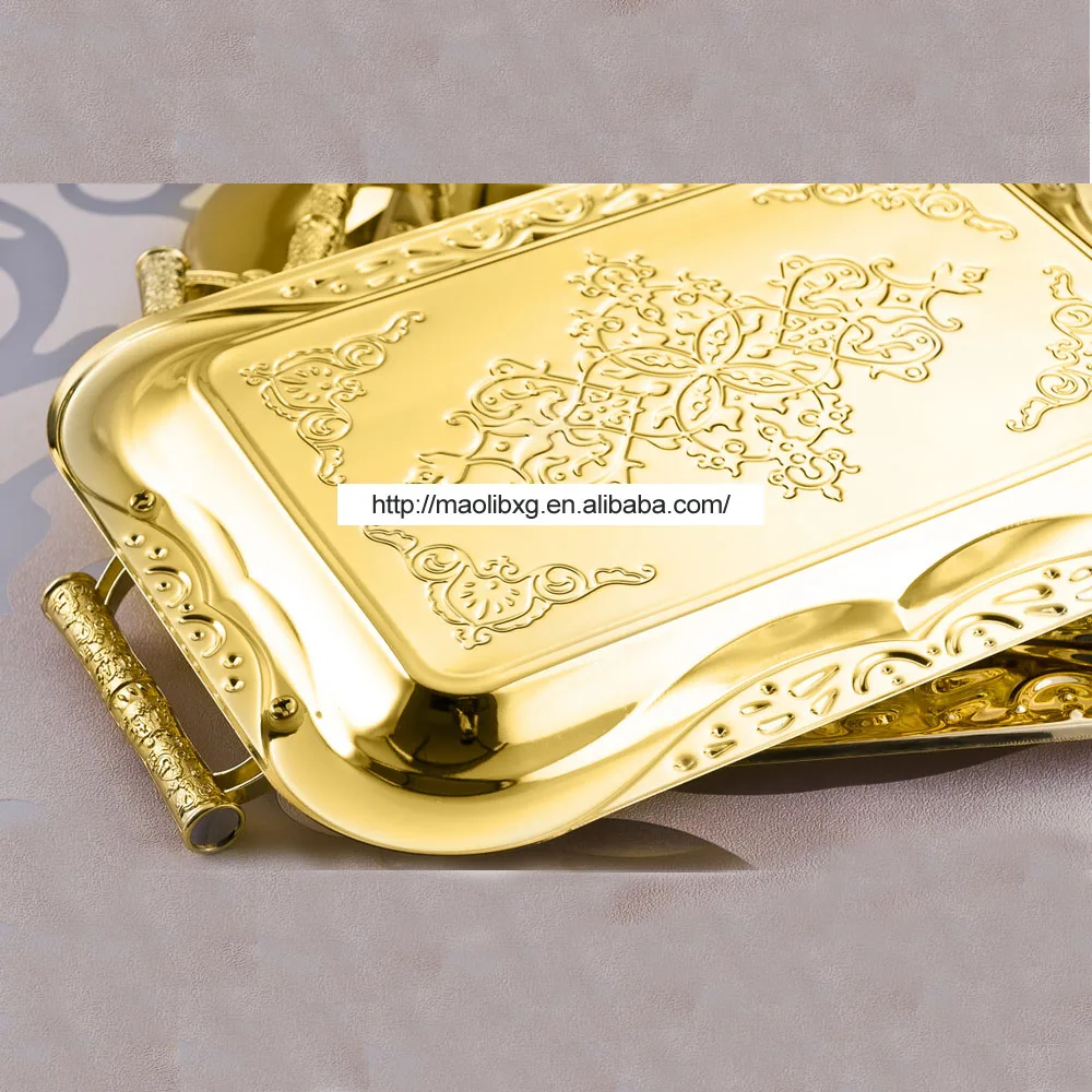 
High Quality Multi Sizes Golden Retro Square Metal Serving Trays Stainless Steel Hotel Party Food Plates Fruit Candy Trays 