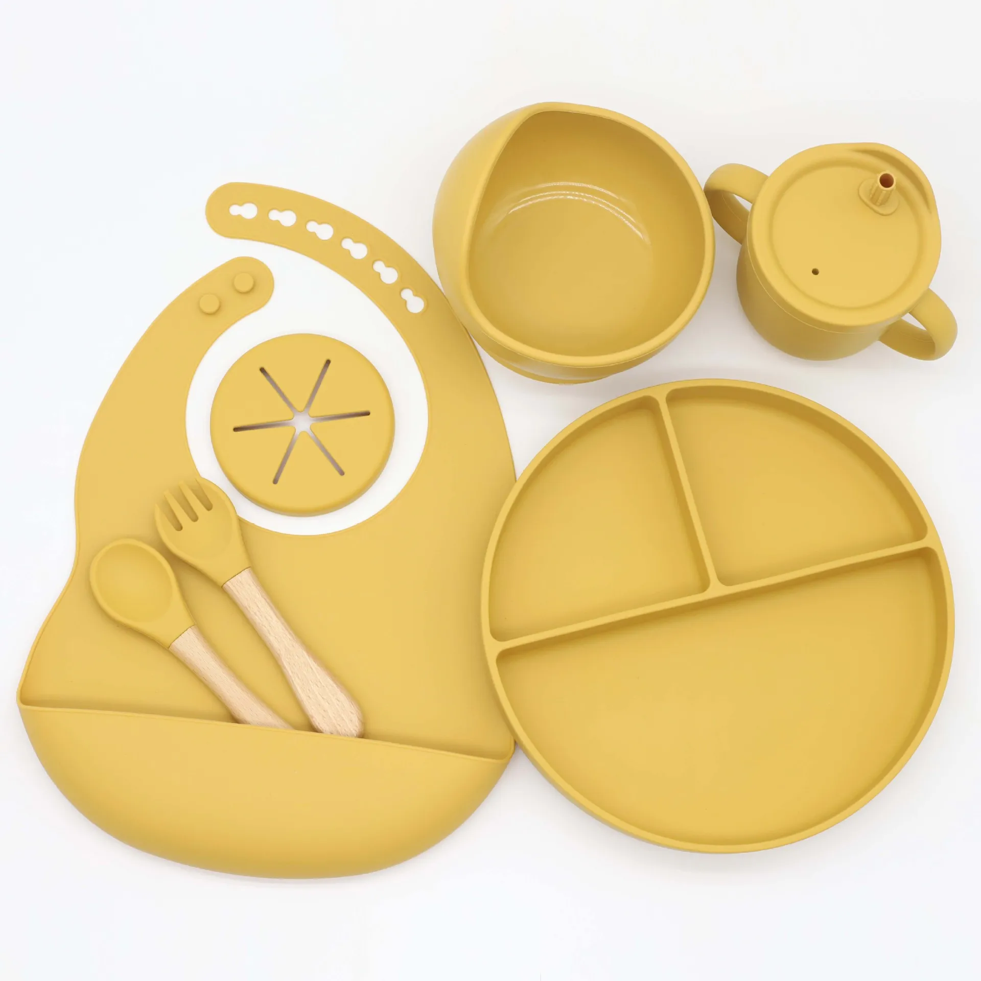 Baby Feeding Bowl With Suction Base Newborn Set Kids Water Sippy Cup Creative Cartoon Baby Feeding 5 Piece Set Silicone Baby Bib