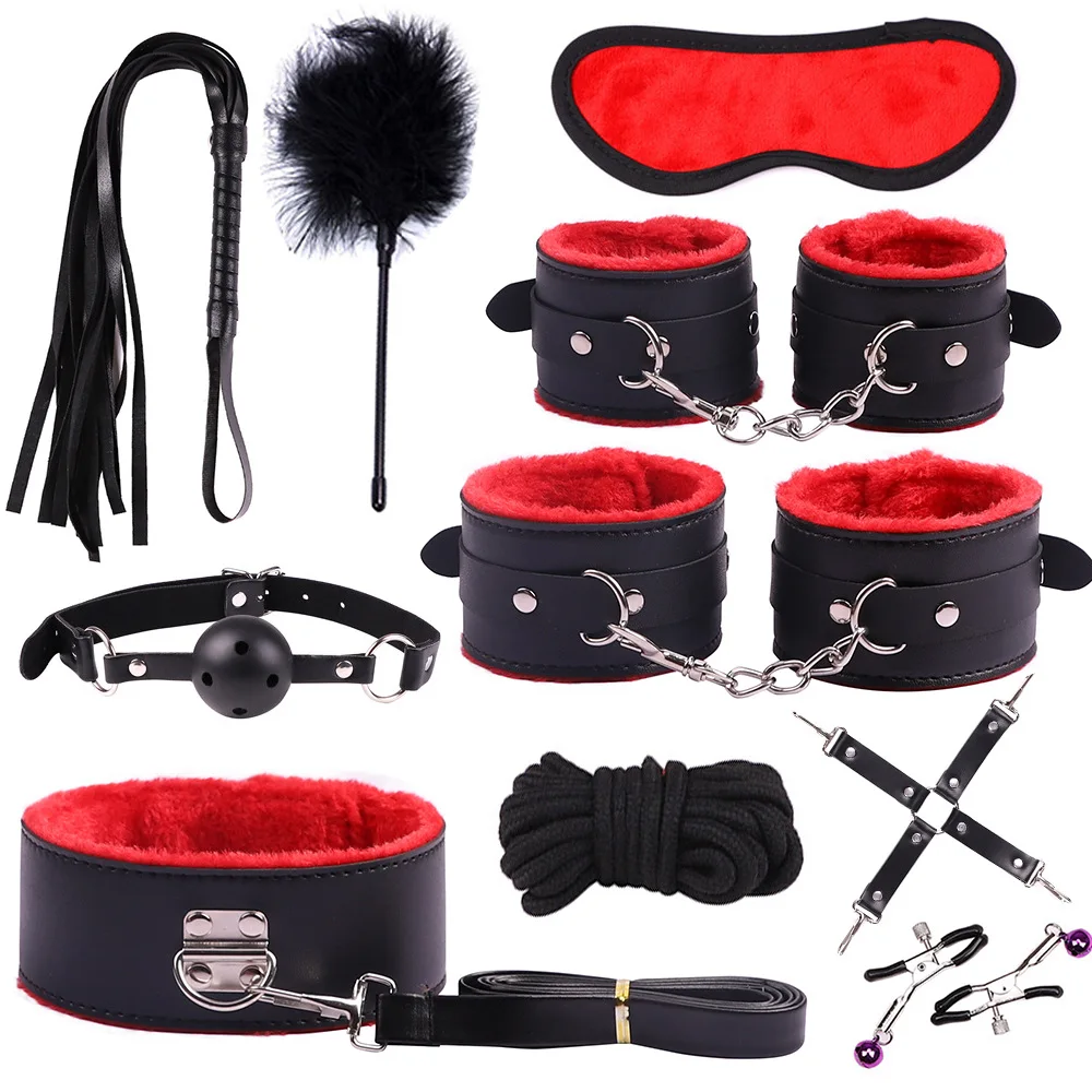JoyPark Perfect 10Pcs/Set Sex Games Slave Game Eye Mask BDSM Cuffs Fetish Bondage All Pain Tools Set BDSM Bondage Restrains BDSM