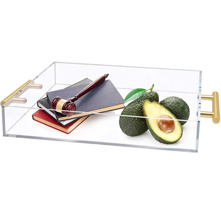 Custom Clear Acrylic Serving Tray with Gold Handle Spill Proof Acrylic Trays