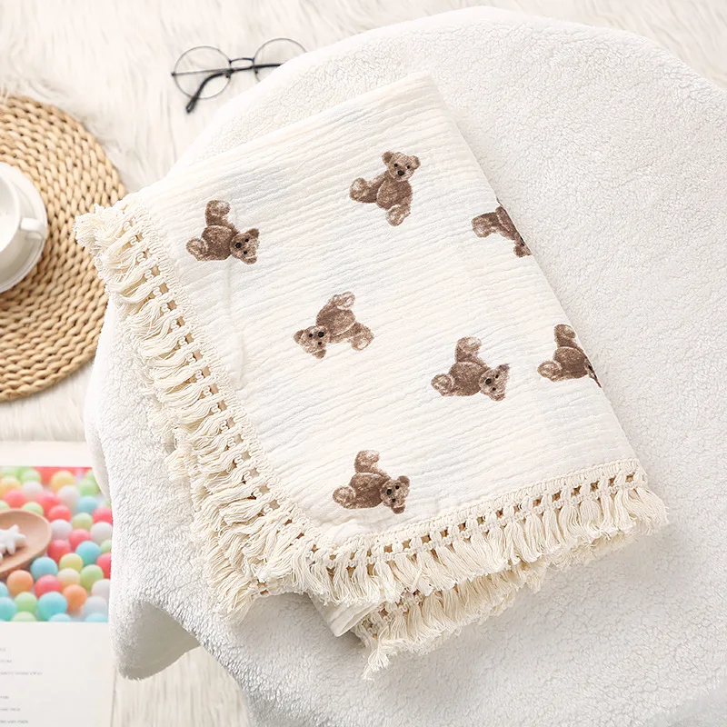 Newborn Infant Toddler Boys Girls Tassel Muslin 100% Cotton Embroidery Wraps Swaddle Bedding Baby Blanket