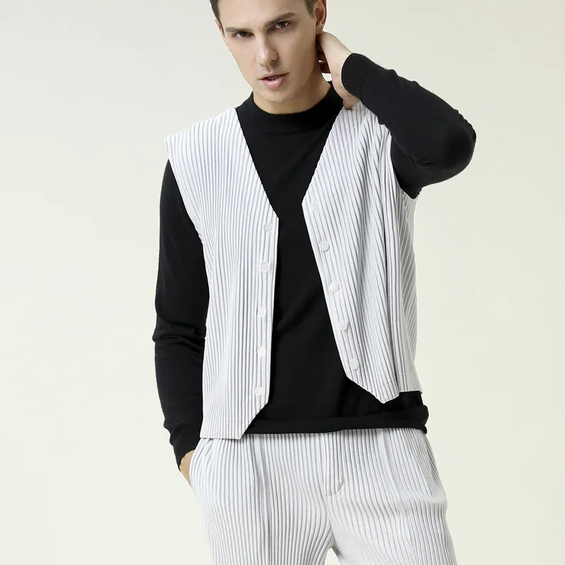 FXZ hot sale high quality single breasted 100% polyester pleated men waistcoat fashion pleated man vest