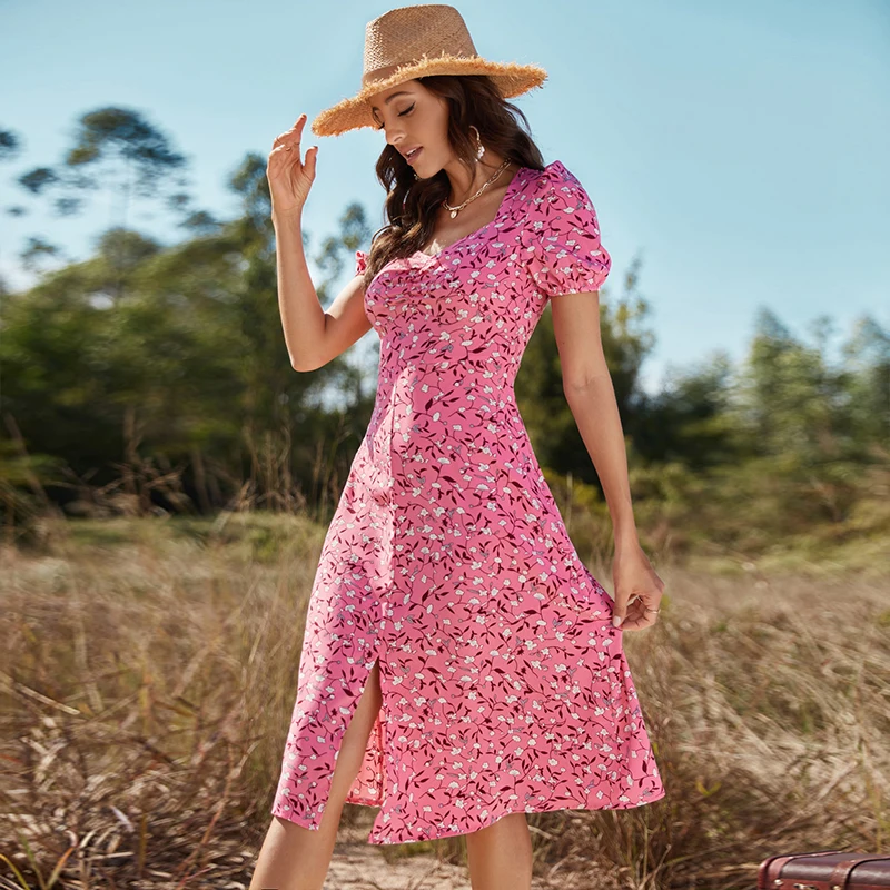 2022 fashion Floral print ladies midi dress short sleeve Korea style polyester Summer girl casual maxi dresses