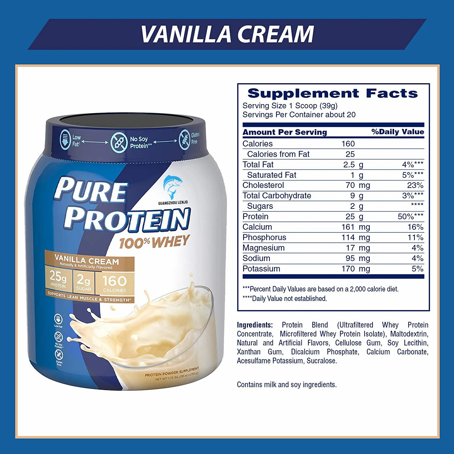 OEM/ODM Private Label Vanilla Cream Flavor Whey Protein Powder by Pure Protein and Gluten Free